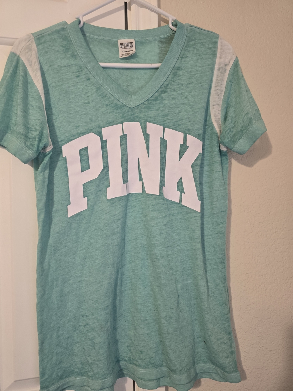 PINK Victoria's Secret Mint Green V-Neck Short Sleeve Tee with White Logo